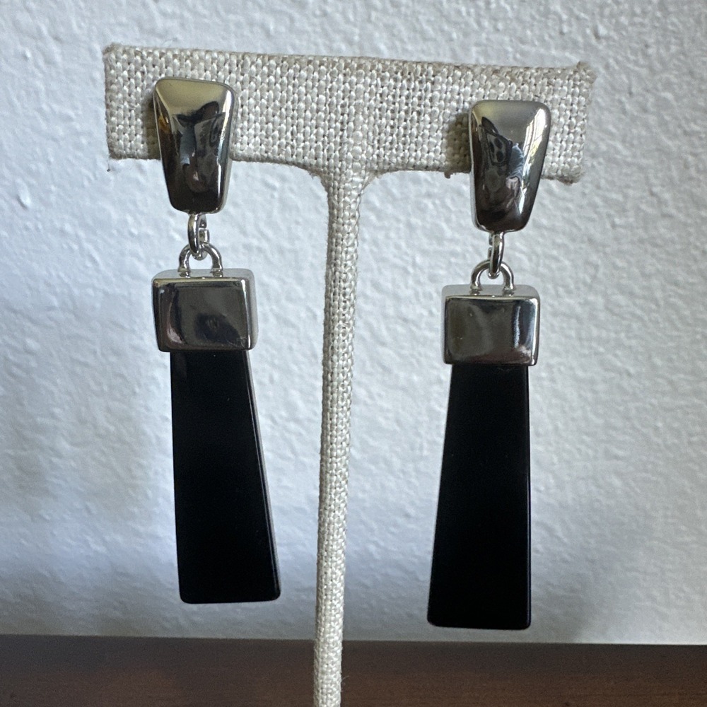 Fashion Clip Earrings 2.75 Inch Black Acrylic Chrome Plated Metal Dangle Drop - Picture 3 of 8